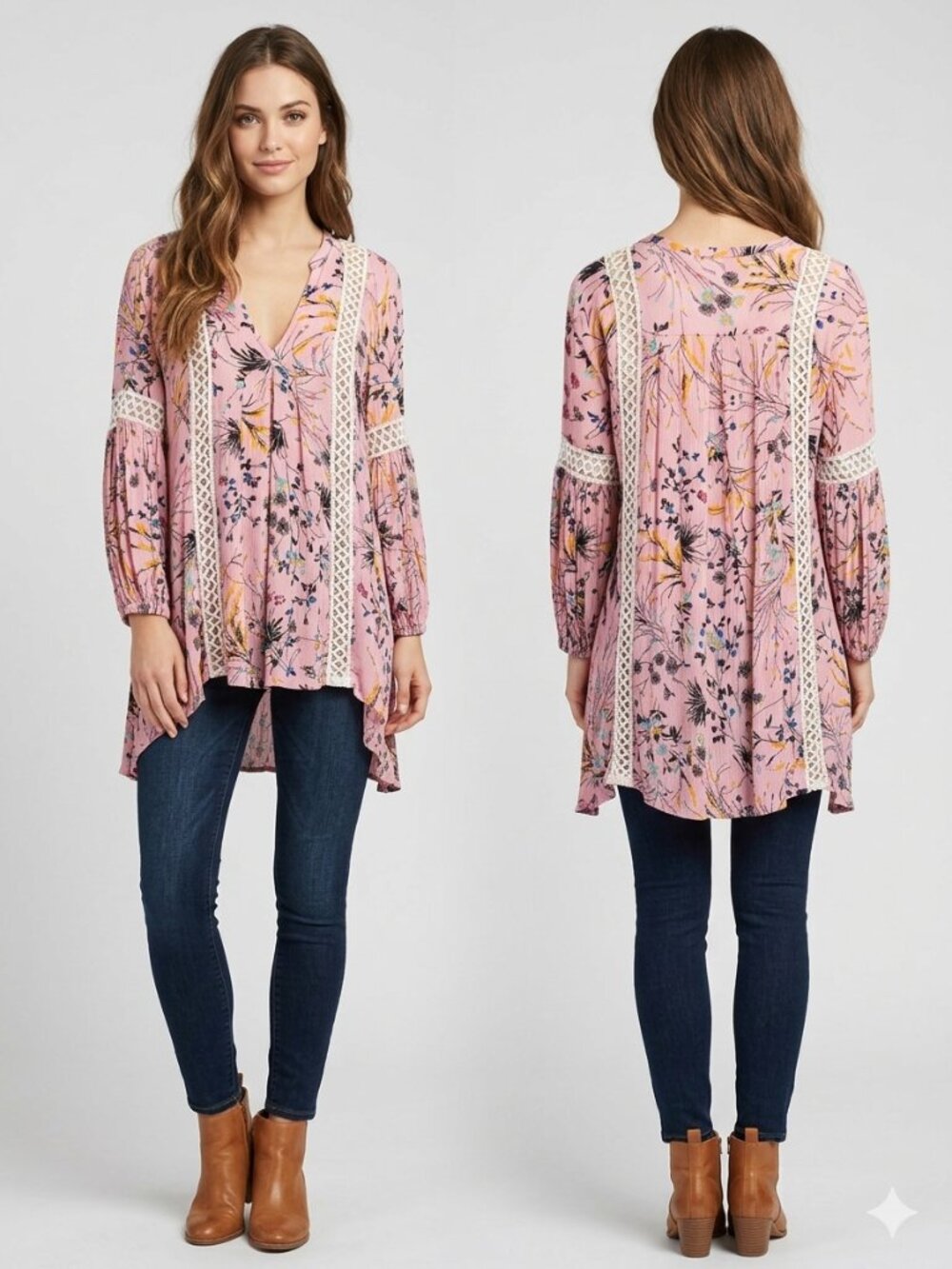 Chicwish Pink Floral Boho Tunic Blouse Crochet Lace Trim Balloon Sleeve Small S